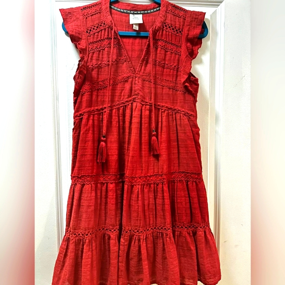 Knox Rose Red Western Flutter Cap Short Sleeve Above Knee Mini Tiered Boho Dress